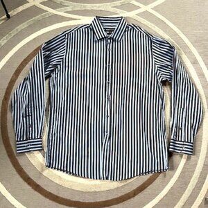 BCBG MAXAZRIA Modern Fit Striped Long Sleeve Blue/Brown Dress Shirt Size: Large